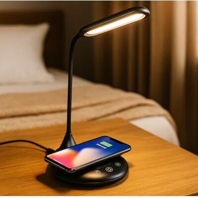 Grundig Lampa biurkowa z bezprzewodową ładowarką, dotykowa ściemnialna lampa LED, lampka nocna z 3 kolorami światła, USB-C elastyczne ramię do regulowanego oświetlenia Grundig Lampa biurkowa z bezprzewodową ładowarką, dotykowa ściemnialna lampa LED, lampka nocna z 3 kolorami światła, USB-C elastyczne ramię do regulowanego oświetlenia