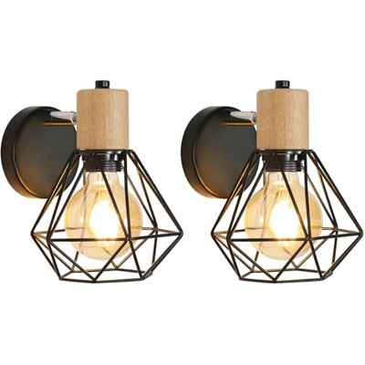 Toolight Comely Zestaw 2 Sztuk Przemysłowy Vintage Kinkiet, 360° Regulowana Drewniana Lampa Ścienna, Oprawy Ścienne Klatka E27 Metalowa I Żelazna Do Sypialni Korytarza Salonu Maks 60W, Czarny Toolight Comely Zestaw 2 Sztuk Przemysłowy Vintage Kinkiet, 360° Regulowana Drewniana Lampa Ścienna, Oprawy Ścienne Klatka E27 Metalowa I Żelazna Do Sypialni Korytarza Salonu Maks 60W, Czarny