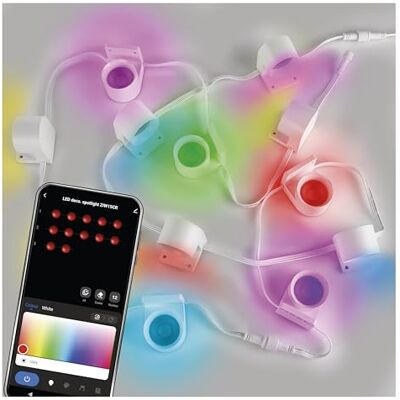 EMOS Lampy ścienne Smart Spot, zestaw startowy 12 szt. – RGBIC+CCT LED Downlights do naklejania, ściemniane – 2,4 GHz WiFi Ambient, HandyApp, asystent głosowy – 2,55 m wewnętrzne punkty punktowe z EMOS Lampy ścienne Smart Spot, zestaw startowy 12 szt. – RGBIC+CCT LED Downlights do naklejania, ściemniane – 2,4 GHz WiFi Ambient, HandyApp, asystent głosowy – 2,55 m wewnętrzne punkty punktowe z