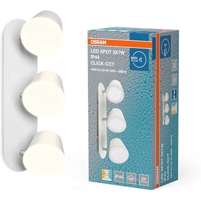 OSRAM Lampa ścienna/sufitowa LED 3-punktowa do łazienki z technologią Click-CCT w kolorze białym, wykonana z aluminium, temperatura barwowa regulowana za pomocą przełącznika ściennego, stopień ochrony OSRAM Lampa ścienna/sufitowa LED 3-punktowa do łazienki z technologią Click-CCT w kolorze białym, wykonana z aluminium, temperatura barwowa regulowana za pomocą przełącznika ściennego, stopień ochrony