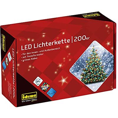 Idena 8325068 łańcuch świetlny LED z 200 kolorowymi diodami LED, z funkcją timera 8 godzin i transformatorem, ok. 27,9 m długości, do użytku wewnątrz i na zewnątrz, jako dekoracja na imprezy, Boże Idena 8325068 łańcuch świetlny LED z 200 kolorowymi diodami LED, z funkcją timera 8 godzin i transformatorem, ok. 27,9 m długości, do użytku wewnątrz i na zewnątrz, jako dekoracja na imprezy, Boże