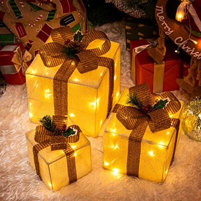 GIGALUMI Pudełko prezentowe LED, zestaw 3 sztuk, 8 trybów, 60 diod LED, świecące pudełko bożonarodzeniowe, łańcuch świetlny z wtyczką do wnętrz, żółta dekoracja bożonarodzeniowa, ciepła biel GIGALUMI Pudełko prezentowe LED, zestaw 3 sztuk, 8 trybów, 60 diod LED, świecące pudełko bożonarodzeniowe, łańcuch świetlny z wtyczką do wnętrz, żółta dekoracja bożonarodzeniowa, ciepła biel
