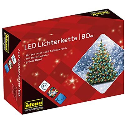 Idena 8325059 Łańcuch świetlny LED z 80 kolorowymi diodami LED z funkcją timera 8 godzin i transformatorem, do użytku wewnątrz i na zewnątrz, na Boże Narodzenie, dekoracja weselna Idena 8325059 Łańcuch świetlny LED z 80 kolorowymi diodami LED z funkcją timera 8 godzin i transformatorem, do użytku wewnątrz i na zewnątrz, na Boże Narodzenie, dekoracja weselna