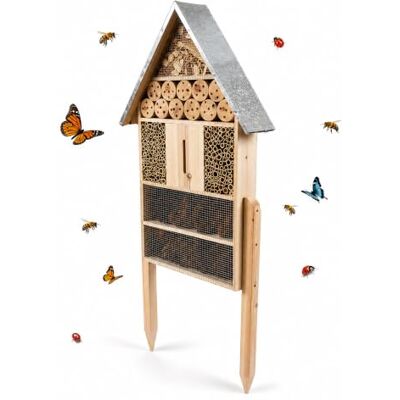 Relaxdays domek dla owadów ze stojakiem, drewno, naturalny/srebrny dach z ocynk. metalu, 119 x 50 x 12 cm Relaxdays domek dla owadów ze stojakiem, drewno, naturalny/srebrny dach z ocynk. metalu, 119 x 50 x 12 cm