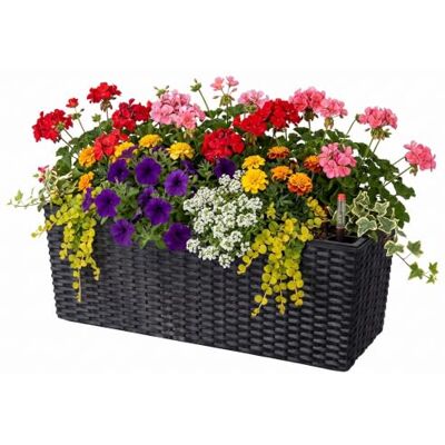 Relaxdays Balkonowa doniczka , samonawadnianie, 19x50x19 cm, czarna Skrzynka na poręcz z wkładem i wskaźnikiem poziomu napełnienia, PP Relaxdays Balkonowa doniczka , samonawadnianie, 19x50x19 cm, czarna Skrzynka na poręcz z wkładem i wskaźnikiem poziomu napełnienia, PP