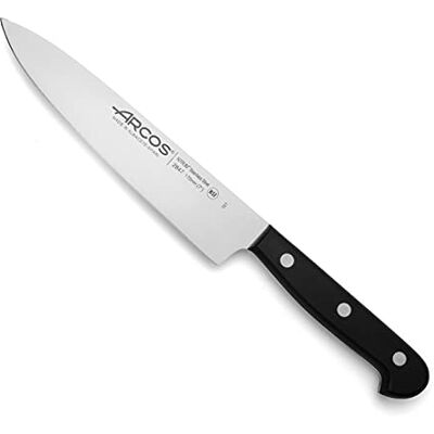 Arcos Nóż szefa kuchni, stal nierdzewna, profesjonalny nóż do krojenia różnych potraw, ergonomiczny uchwyt z polioksymetylenu i ostrze 175 mm, seria uniwersalna, kolor czarny Arcos Nóż szefa kuchni, stal nierdzewna, profesjonalny nóż do krojenia różnych potraw, ergonomiczny uchwyt z polioksymetylenu i ostrze 175 mm, seria uniwersalna, kolor czarny