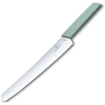Victorinox Swiss Modern nóż do chleba i cukierni ze szlifem falistym, ostrze o długości 26 cm ze stali nierdzewnej, ergonomiczny uchwyt z tworzywa sztucznego, akwamaryn Victorinox Swiss Modern nóż do chleba i cukierni ze szlifem falistym, ostrze o długości 26 cm ze stali nierdzewnej, ergonomiczny uchwyt z tworzywa sztucznego, akwamaryn