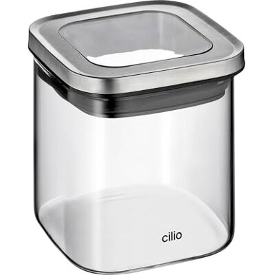 Cilio Pojemnik na zapasy CUBO, szczelna pokrywka, pojemnik do przechowywania mąki, cukru i suchych produktów spożywczych, hermetyczne pudełko, szkło borokrzemowe, stal nierdzewna, wysokość: 10 cm, Cilio Pojemnik na zapasy CUBO, szczelna pokrywka, pojemnik do przechowywania mąki, cukru i suchych produktów spożywczych, hermetyczne pudełko, szkło borokrzemowe, stal nierdzewna, wysokość: 10 cm,