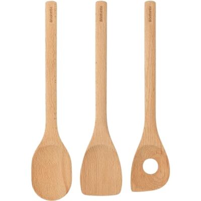 Brabantia 3-częściowy zestaw drewnianych przyborów kuchennych (drewno bukowe) łyżka, szpatułka i łyżka narożna zrównoważone naczynia kuchenne Brabantia 3-częściowy zestaw drewnianych przyborów kuchennych (drewno bukowe) łyżka, szpatułka i łyżka narożna zrównoważone naczynia kuchenne