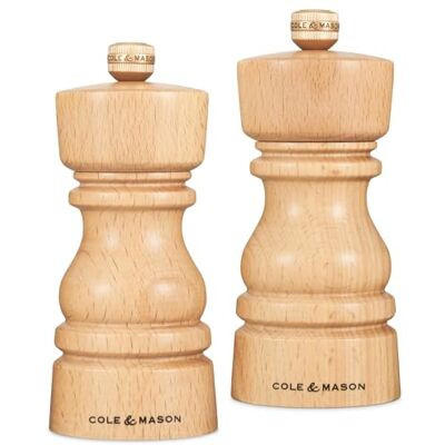 Cole & Mason London Zestaw młynków do soli i pieprzu z naturalnego buku, 130 mm, precyzyjne mechanizmy węglowe/ceramiczne, młynki do soli i pieprzu z regulowanym mieleniem, drewno bukowe, zestaw Cole & Mason London Zestaw młynków do soli i pieprzu z naturalnego buku, 130 mm, precyzyjne mechanizmy węglowe/ceramiczne, młynki do soli i pieprzu z regulowanym mieleniem, drewno bukowe, zestaw