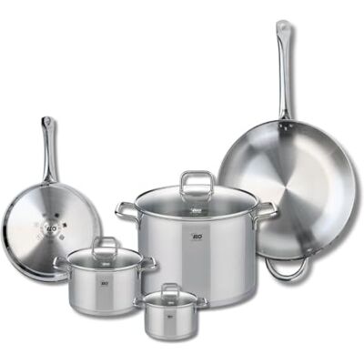 FACKELMANN ELO 9506550 Naczynia kuchenne 5 sztuk, zestaw 2 patelni 24 i 32 cm i 3 garnków 12, 16 i 26 cm Elo Profi Citrin, stal nierdzewna, indukcyjna FACKELMANN ELO 9506550 Naczynia kuchenne 5 sztuk, zestaw 2 patelni 24 i 32 cm i 3 garnków 12, 16 i 26 cm Elo Profi Citrin, stal nierdzewna, indukcyjna
