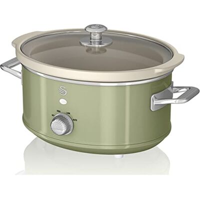 Swan Retro SF17021GNEU wolnowar wolnowar 3,5 l wyjmowany pojemnik, nieprzywierający ceramiczny bez PFOA i PTFE, 3 poziomy temperatury, szklana pokrywa, powolny kucharz, vintage design, zielony, 200 W Swan Retro SF17021GNEU wolnowar wolnowar 3,5 l wyjmowany pojemnik, nieprzywierający ceramiczny bez PFOA i PTFE, 3 poziomy temperatury, szklana pokrywa, powolny kucharz, vintage design, zielony, 200 W