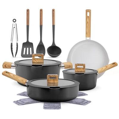 NutriChef Zestaw Naczyń Ceramicznych 14-częściowy Kompatybilność z Indukcją, Patelnia z Pokrywką, Uchwyty Zimne w Dotyku, Czarne NutriChef Zestaw Naczyń Ceramicznych 14-częściowy Kompatybilność z Indukcją, Patelnia z Pokrywką, Uchwyty Zimne w Dotyku, Czarne