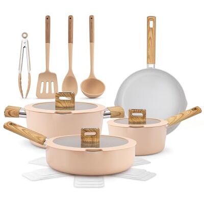 NutriChef Zestaw Naczyń Ceramicznych 14-częściowy Patelnia z Pokrywkami, Kompatybilność z Indukcją, Różowe, Uchwyty Zimne w Dotyku NutriChef Zestaw Naczyń Ceramicznych 14-częściowy Patelnia z Pokrywkami, Kompatybilność z Indukcją, Różowe, Uchwyty Zimne w Dotyku