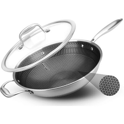 NutriChef Wok nieprzywierający ze szklaną pokrywką, sześciokątne naczynia do smażenia ze stali nierdzewnej 30 cm, kompatybilne indukcyjnie, wzór plastra miodu, odporne na zarysowania, styl głębokiego NutriChef Wok nieprzywierający ze szklaną pokrywką, sześciokątne naczynia do smażenia ze stali nierdzewnej 30 cm, kompatybilne indukcyjnie, wzór plastra miodu, odporne na zarysowania, styl głębokiego