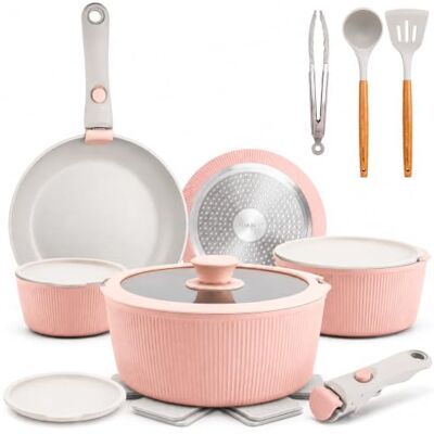 NutriChef Zestaw Naczyń Ceramicznych 18 Sztuk z Odczepianymi Rączkami, Patelnia i Garnki z Powłoką Nieprzywierającą, Powłoka Ceramiczna Bez PTFE, Oszczędność Miejsca, Do Pieca, Różowy NutriChef Zestaw Naczyń Ceramicznych 18 Sztuk z Odczepianymi Rączkami, Patelnia i Garnki z Powłoką Nieprzywierającą, Powłoka Ceramiczna Bez PTFE, Oszczędność Miejsca, Do Pieca, Różowy