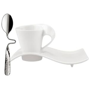 Villeroy & Boch – NewWave Caffè, zestaw filiżanek do espresso, 3 elementy, eleganckie spożywanie kawy, Porcelana Premium/stal nierdzewna, biały Villeroy & Boch – NewWave Caffè, zestaw filiżanek do espresso, 3 elementy, eleganckie spożywanie kawy, Porcelana Premium/stal nierdzewna, biały