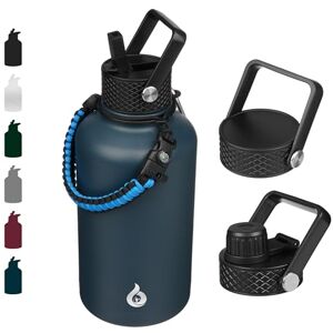 BJPKPK Izolowane butelki na wodę o pojemności 1 galonów ze słomkową pokrywką, 1800 ml, duże, ze stali nierdzewnej z 3 pokrywkami i uchwytem Paracord na gorące i zimne płyny, granatowe BJPKPK Izolowane butelki na wodę o pojemności 1 galonów ze słomkową pokrywką, 1800 ml, duże, ze stali nierdzewnej z 3 pokrywkami i uchwytem Paracord na gorące i zimne płyny, granatowe