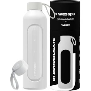 Wessper Drinkmotivation Butelka ze szkła borokrzemowego ze znacznikami czasu, 1 l, hermetyczna butelka do picia z bambusową pokrywką, 1 l, wielokrotnego użytku, z silikonową osłoną, biała (WES260) Wessper Drinkmotivation Butelka ze szkła borokrzemowego ze znacznikami czasu, 1 l, hermetyczna butelka do picia z bambusową pokrywką, 1 l, wielokrotnego użytku, z silikonową osłoną, biała (WES260)