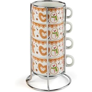 Excelsa Wonderful Ginger zestaw 4 porcelanowych filiżanek do kawy, świąteczny motyw bałwana, z metalowym stojakiem Excelsa Wonderful Ginger zestaw 4 porcelanowych filiżanek do kawy, świąteczny motyw bałwana, z metalowym stojakiem