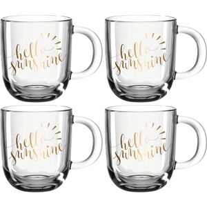 Leonardo Emozione Hello Sunshine kubki na prezent, 4 sztuki, nadają się do mycia w zmywarce, filiżanki do herbaty ze złotym napisem, 400 ml, 046413 Leonardo Emozione Hello Sunshine kubki na prezent, 4 sztuki, nadają się do mycia w zmywarce, filiżanki do herbaty ze złotym napisem, 400 ml, 046413