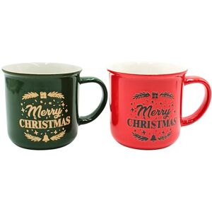 Dekohelden24 Kubek bożonarodzeniowy kubki z kamionki w kolorze czerwonym i zielonym jako zestaw 2 szt., napis: Merry Christmas, wymiary dł./szer./wys. 13 x 9 x 9 cm. Pojemność ok. 330 ml Dekohelden24 Kubek bożonarodzeniowy kubki z kamionki w kolorze czerwonym i zielonym jako zestaw 2 szt., napis: Merry Christmas, wymiary dł./szer./wys. 13 x 9 x 9 cm. Pojemność ok. 330 ml