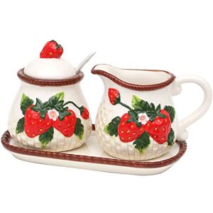 Dekohelden24 Dolomite Cukiernica z łyżeczką, dzbankiem na mleko i talerzem jako zestaw 3 sztuk, ze reliefem truskawkowym, rozmiar ok. 19 x 10,5 cm, 12 Dekohelden24 Dolomite Cukiernica z łyżeczką, dzbankiem na mleko i talerzem jako zestaw 3 sztuk, ze reliefem truskawkowym, rozmiar ok. 19 x 10,5 cm, 12