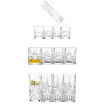 Schott Zwiesel Zestaw barowy Show, po 4 pełne wdzięku szklanki do long drinków, whisky i wódki z reliefem, 4 szklane słomki do picia i 1 bawełniana szczotka, kryształowe szklanki nadające się do mycia Schott Zwiesel Zestaw barowy Show, po 4 pełne wdzięku szklanki do long drinków, whisky i wódki z reliefem, 4 szklane słomki do picia i 1 bawełniana szczotka, kryształowe szklanki nadające się do mycia