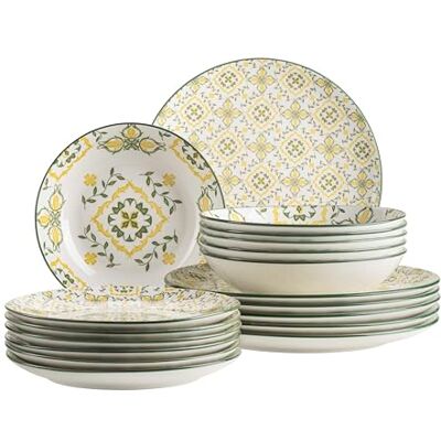 MÄSER Seria Granada, 18-częściowy zestaw talerzy dla 6 osób, porcelana, żółto-zielony (żółto-zielony) MÄSER Seria Granada, 18-częściowy zestaw talerzy dla 6 osób, porcelana, żółto-zielony (żółto-zielony)