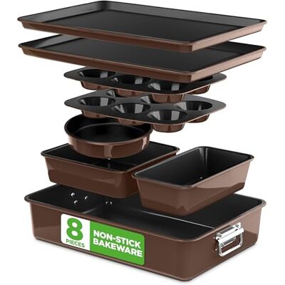 NutriChef Zestaw nieprzywierających naczyń do pieczenia – 8-częściowy zestaw tacek do układania w stos, z arkuszem na ciasteczka, forma do bochenka, forma do pizzy, foremka do muffinek, foremka na NutriChef Zestaw nieprzywierających naczyń do pieczenia – 8-częściowy zestaw tacek do układania w stos, z arkuszem na ciasteczka, forma do bochenka, forma do pizzy, foremka do muffinek, foremka na