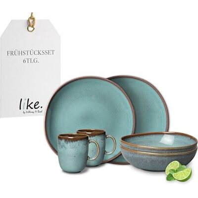 Villeroy & Boch – Lave zestaw naczyń z fajansu, 6-cz., styl pottery, serwis śniadaniowy dla 2 osób, turkusowy Villeroy & Boch – Lave zestaw naczyń z fajansu, 6-cz., styl pottery, serwis śniadaniowy dla 2 osób, turkusowy