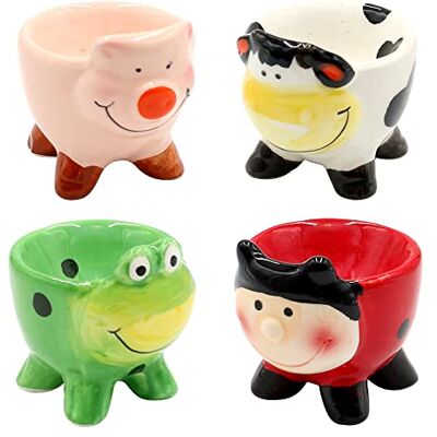 Dekohelden24 Ceramiczny kieliszek do jaj/uchwyt na jajka/skorupka jaja jako zwierzęta (żaba, biedronka, krowa i świnia), zestaw 4 sztuk, wymiary każdego kubka ok. 6 x 5 x 6 cm. Dekohelden24 Ceramiczny kieliszek do jaj/uchwyt na jajka/skorupka jaja jako zwierzęta (żaba, biedronka, krowa i świnia), zestaw 4 sztuk, wymiary każdego kubka ok. 6 x 5 x 6 cm.