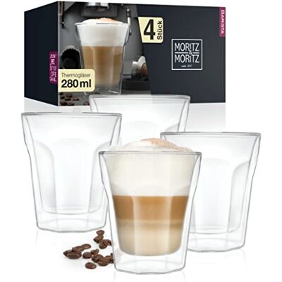 Moritz & Moritz Szklanki termiczne z podwójnymi ściankami, 4 x 280 ml, szklanki borokrzemowe, szklanki do kawy, nadają się do mycia w zmywarce, do cappuccino, latte macchiato, herbaty, kawy mrożonej i Moritz & Moritz Szklanki termiczne z podwójnymi ściankami, 4 x 280 ml, szklanki borokrzemowe, szklanki do kawy, nadają się do mycia w zmywarce, do cappuccino, latte macchiato, herbaty, kawy mrożonej i