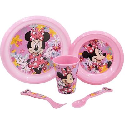 Stor 5-częściowy zestaw naczyń dla dzieci. Talerz, miska, szkło i sztućce 260 ml, nie zawiera BPA, wygląd wiosny, mysz Minnie, różowy Stor 5-częściowy zestaw naczyń dla dzieci. Talerz, miska, szkło i sztućce 260 ml, nie zawiera BPA, wygląd wiosny, mysz Minnie, różowy
