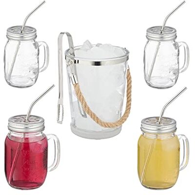 Relaxdays Szklanki do picia z pokrywką, zestaw 4 kieliszków koktajlowych 500 ml, zakręcane, słomka, wiadro na lód i szczypce, przezroczyste Relaxdays Szklanki do picia z pokrywką, zestaw 4 kieliszków koktajlowych 500 ml, zakręcane, słomka, wiadro na lód i szczypce, przezroczyste