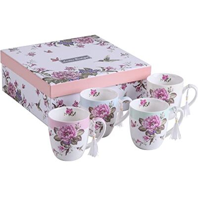 London Boutique Zestaw kubków do herbaty i kawy, 4 ceramiczne porcelanowe ptak róża motyl shabby chic design w pudełku prezentowym 330 ml (1 zestaw) London Boutique Zestaw kubków do herbaty i kawy, 4 ceramiczne porcelanowe ptak róża motyl shabby chic design w pudełku prezentowym 330 ml (1 zestaw)