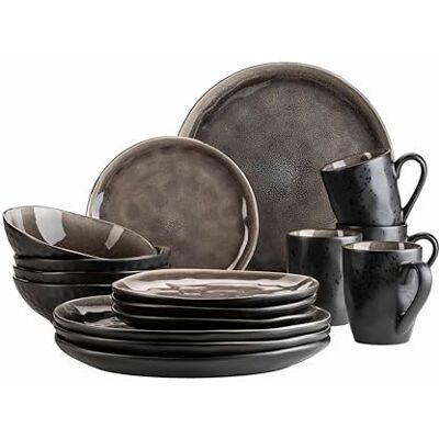 MÄSER 934073 seria Niara Organic, nowoczesny zestaw naczyń dla 4 osób w ekscytującym stylu vintage, 16-częściowy serwis kombi ze specjalną kombinacją glazury w kolorze czarnym i brązowym, kamionka MÄSER 934073 seria Niara Organic, nowoczesny zestaw naczyń dla 4 osób w ekscytującym stylu vintage, 16-częściowy serwis kombi ze specjalną kombinacją glazury w kolorze czarnym i brązowym, kamionka