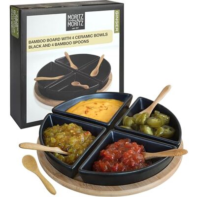 Moritz & Moritz Półmisek do serwowania z miseczkami Antipasti 22 cm – bambusowa taca do serwowania z ceramiczną miską, łyżka bambusowa – zestaw miseczek na przystawki, dipy i przekąski Moritz & Moritz Półmisek do serwowania z miseczkami Antipasti 22 cm – bambusowa taca do serwowania z ceramiczną miską, łyżka bambusowa – zestaw miseczek na przystawki, dipy i przekąski