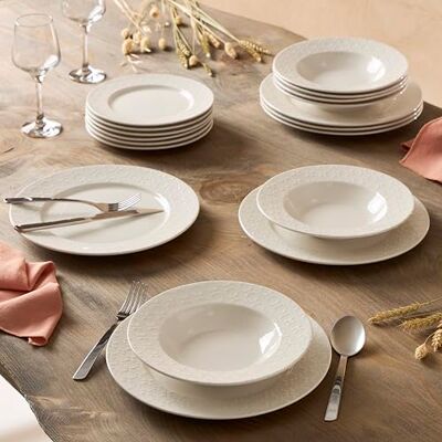 GENEVIEVE LETHU 545867 18-częściowy zestaw obiadowy z białej porcelany dla 6 osób talerze obiadowe, talerze do zupy, talerze deserowe, kolekcja Calais Caudry z wytłoczonym wzorem GENEVIEVE LETHU 545867 18-częściowy zestaw obiadowy z białej porcelany dla 6 osób talerze obiadowe, talerze do zupy, talerze deserowe, kolekcja Calais Caudry z wytłoczonym wzorem