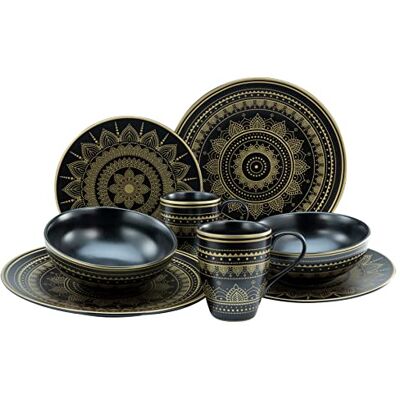 Creatable , 23587, seria MANDALA GOLD czarny, 8-częściowy zestaw naczyń, serwis kombi z kamionki, nadaje się do mycia w zmywarce i używania w kuchence mikrofalowej, wysokiej jakości produkcja Creatable , 23587, seria MANDALA GOLD czarny, 8-częściowy zestaw naczyń, serwis kombi z kamionki, nadaje się do mycia w zmywarce i używania w kuchence mikrofalowej, wysokiej jakości produkcja