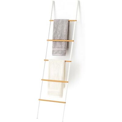 Relaxdays Drabina na ręczniki, bambus i żelazo, wys. x gł.: 164 x 45 x 2 cm, dekoracyjna drabina 5 szczebli, ręczniki i ubrania, biały/naturalny Relaxdays Drabina na ręczniki, bambus i żelazo, wys. x gł.: 164 x 45 x 2 cm, dekoracyjna drabina 5 szczebli, ręczniki i ubrania, biały/naturalny