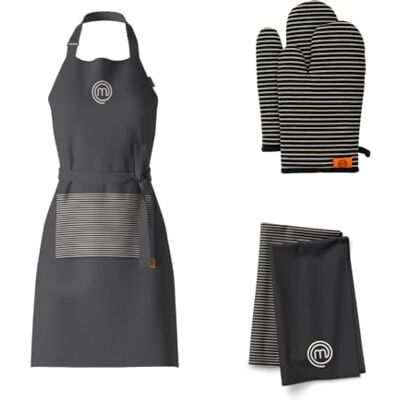 Textilien-Set Zestaw Masterchef zawierający ściereczkę kuchenną, fartuch kuchenny i rękawice kuchenne/uchwyty do garnków, wielobarwny wzór w paski, można prać w pralce, odporny na wysoką temperaturę, haftowane logo Textilien-Set Zestaw Masterchef zawierający ściereczkę kuchenną, fartuch kuchenny i rękawice kuchenne/uchwyty do garnków, wielobarwny wzór w paski, można prać w pralce, odporny na wysoką temperaturę, haftowane logo