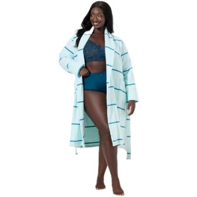 833266 Ulla Popken Damski szlafrok kąpielowy frotte, miękki szlafrok frotte z prążkami, lodowy błękit, 54 833266 Ulla Popken Damski szlafrok kąpielowy frotte, miękki szlafrok frotte z prążkami, lodowy błękit, 54