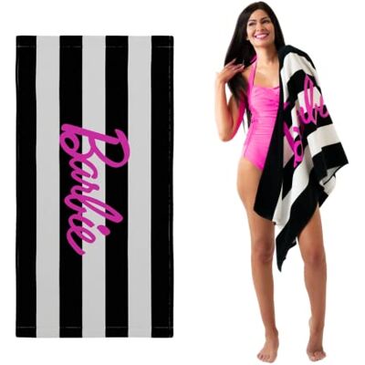 Franco Barbie Barbiecore czarno-białe paski miękki bawełniany ręcznik kąpielowy/basenowy/plażowy, 152 cm x 76 cm, (oficjalny licencjonowany produkt Barbie) Franco Barbie Barbiecore czarno-białe paski miękki bawełniany ręcznik kąpielowy/basenowy/plażowy, 152 cm x 76 cm, (oficjalny licencjonowany produkt Barbie)