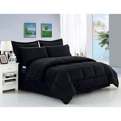 Elegant Comfort Stripe Bed-in-a-Bag 8-częściowy zestaw kołder, bawełna, czarny, King Elegant Comfort Stripe Bed-in-a-Bag 8-częściowy zestaw kołder, bawełna, czarny, King
