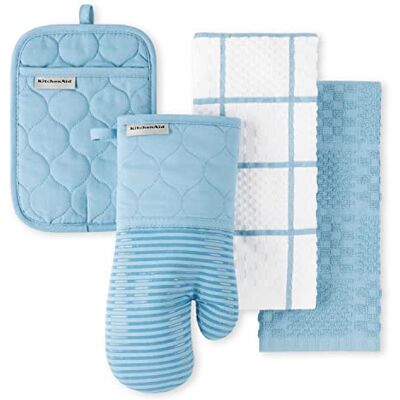 KitchenAid Quilted Cotton Terry Cloth Oven Mitt, Pot Holder, Kitchen Towel 4-Pack Set, Heat Resistant, Silicone Grip, Gift Set, Blue Velvet, 16"x26", 7"x13" & 7"x10 KitchenAid Quilted Cotton Terry Cloth Oven Mitt, Pot Holder, Kitchen Towel 4-Pack Set, Heat Resistant, Silicone Grip, Gift Set, Blue Velvet, 16"x26", 7"x13" & 7"x10