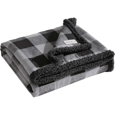 Bauer Dwustronny koc flanelowy sherpa w kratę bawola dekoracja domu na wszystkie pory roku (szary/czarny, 127 cm x 152 cm) Bauer Dwustronny koc flanelowy sherpa w kratę bawola dekoracja domu na wszystkie pory roku (szary/czarny, 127 cm x 152 cm)