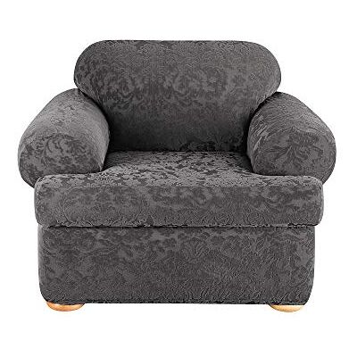 Surefit Wystrój domu rozciągliwy żakardowy adamaszk T-Cushion krzesło dwuczęściowy pokrowiec antypoślizgowy, kształt dopasowany, poliester/elastan, można prać w pralce, szary kolor Surefit Wystrój domu rozciągliwy żakardowy adamaszk T-Cushion krzesło dwuczęściowy pokrowiec antypoślizgowy, kształt dopasowany, poliester/elastan, można prać w pralce, szary kolor