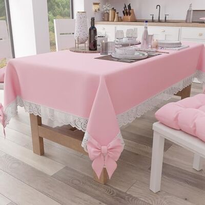 PETTI Artigiani Italiani Obrus, obrus na stół, obrus kuchenny prostokątny z koronką i kokardkami, obrus bawełniany jednolity kolor, X12 miejsc (140 x 240 cm) różowy PETTI Artigiani Italiani Obrus, obrus na stół, obrus kuchenny prostokątny z koronką i kokardkami, obrus bawełniany jednolity kolor, X12 miejsc (140 x 240 cm) różowy