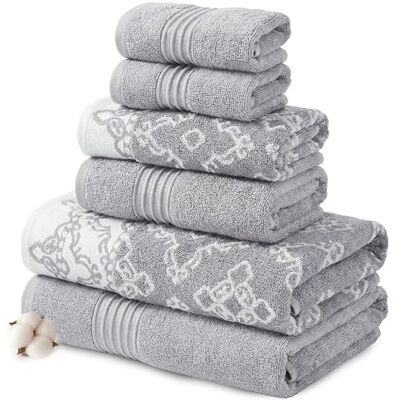 Modern Threads 6-częściowy zestaw, 2 ręczniki kąpielowe, 2 ręczniki do rąk, 2 ściereczki barwione przędzą żakard/solidny zestaw ręczników Charlize Stone Modern Threads 6-częściowy zestaw, 2 ręczniki kąpielowe, 2 ręczniki do rąk, 2 ściereczki barwione przędzą żakard/solidny zestaw ręczników Charlize Stone